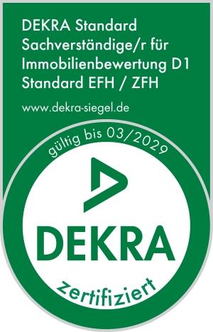 DEKRA-Siegel: Sachverständiger für Immobilienbewertung D1, Standard EFH/ZFH, gültig bis 03/2029